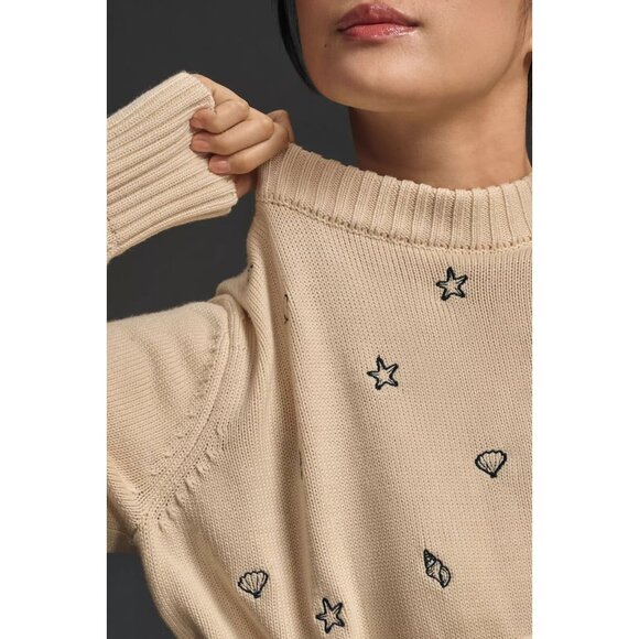 ENGLISH FACTORY Ivory Shell Embroidered Acrylic Crew Neck Sweater, Size XS - Picture 4 of 12